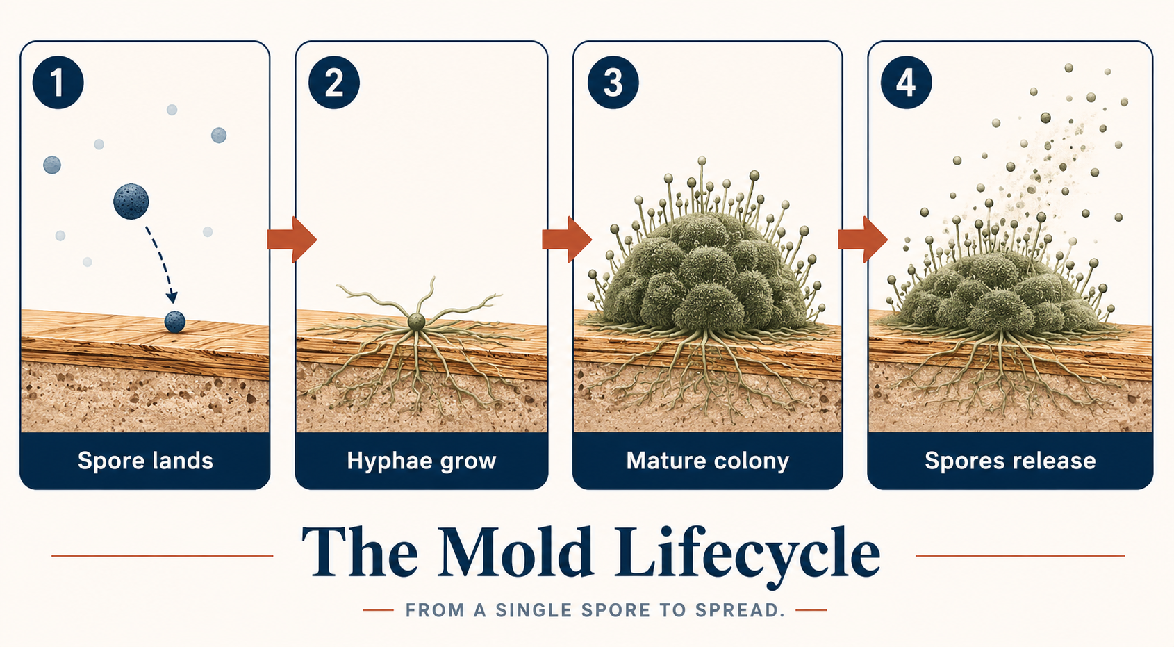 Mold lifecycle illustration (4 stages: spore -> hyphae -> colony -> release) (ill2)