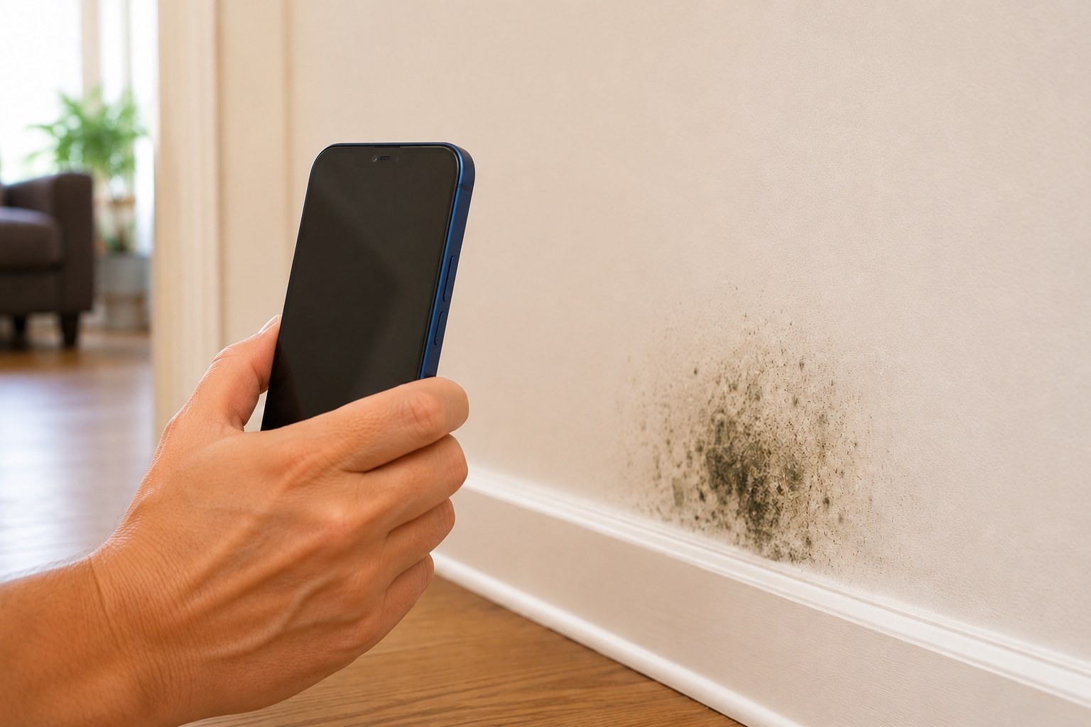Photo-check page - smartphone photographing a small mold patch on a wall (pho1)